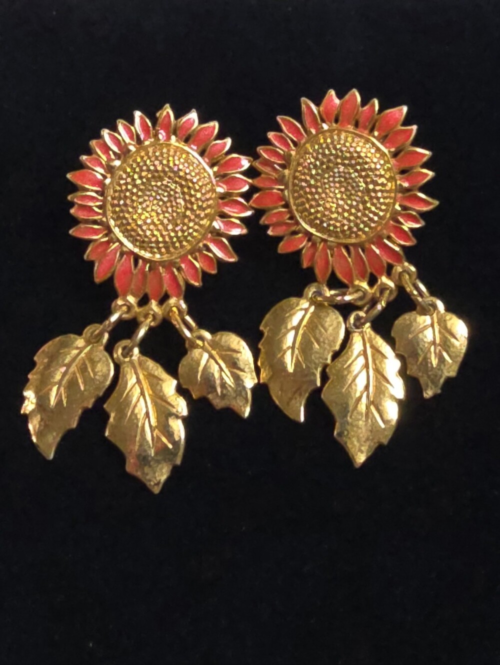 Vintage Gold & Dark Orange Enamel Sunflower Leaf Drop Post Earrings Signed EB